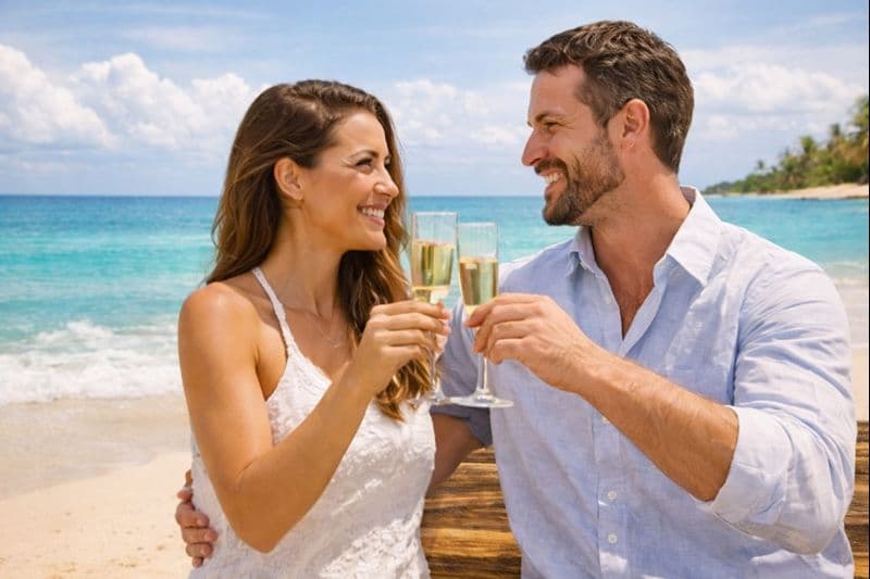 Happy couple celebrating on the beach