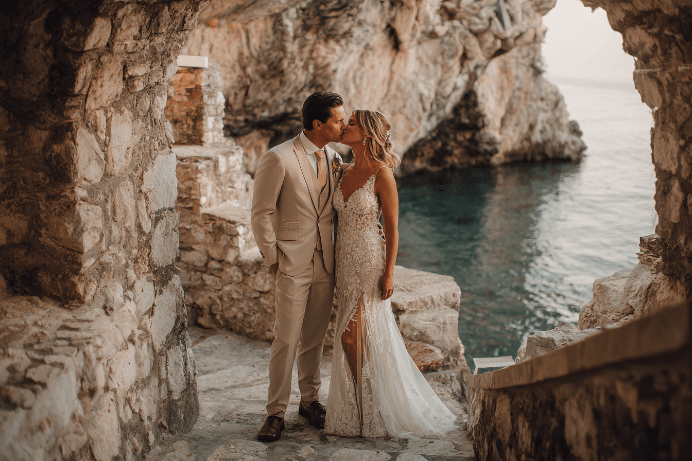 Bride on pier overlooking water
